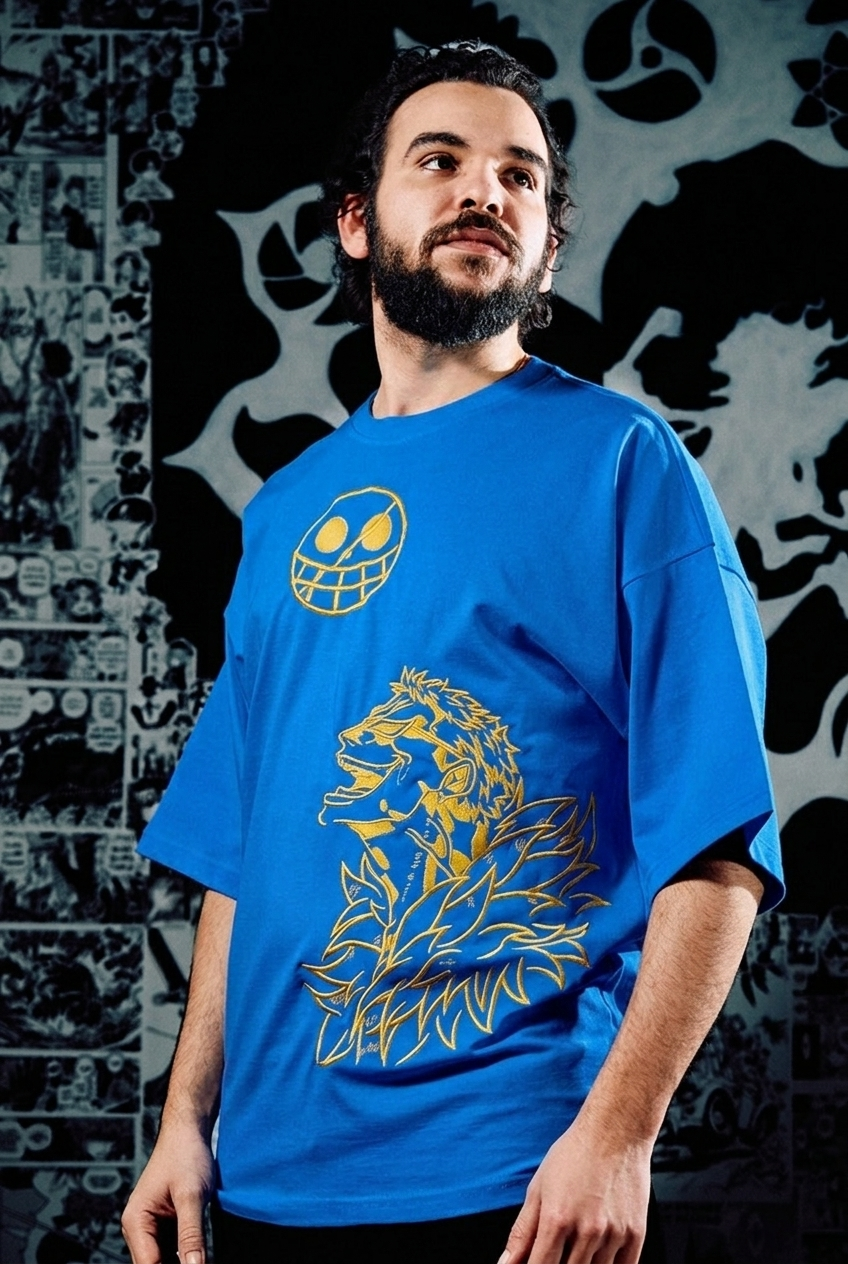 One Piece Embroidered T-Shirt – Trafalgar Law Golden – Light Blue