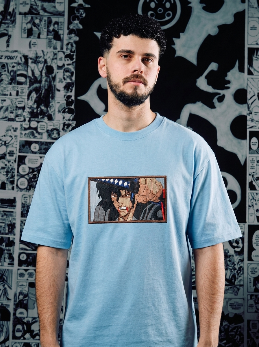 Berserk Embroidered T-Shirt – Black Swordsman – Light Blue