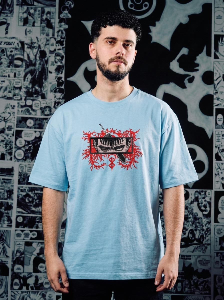 Berserk Embroidered T-Shirt – Griffin Sword – Light Blue