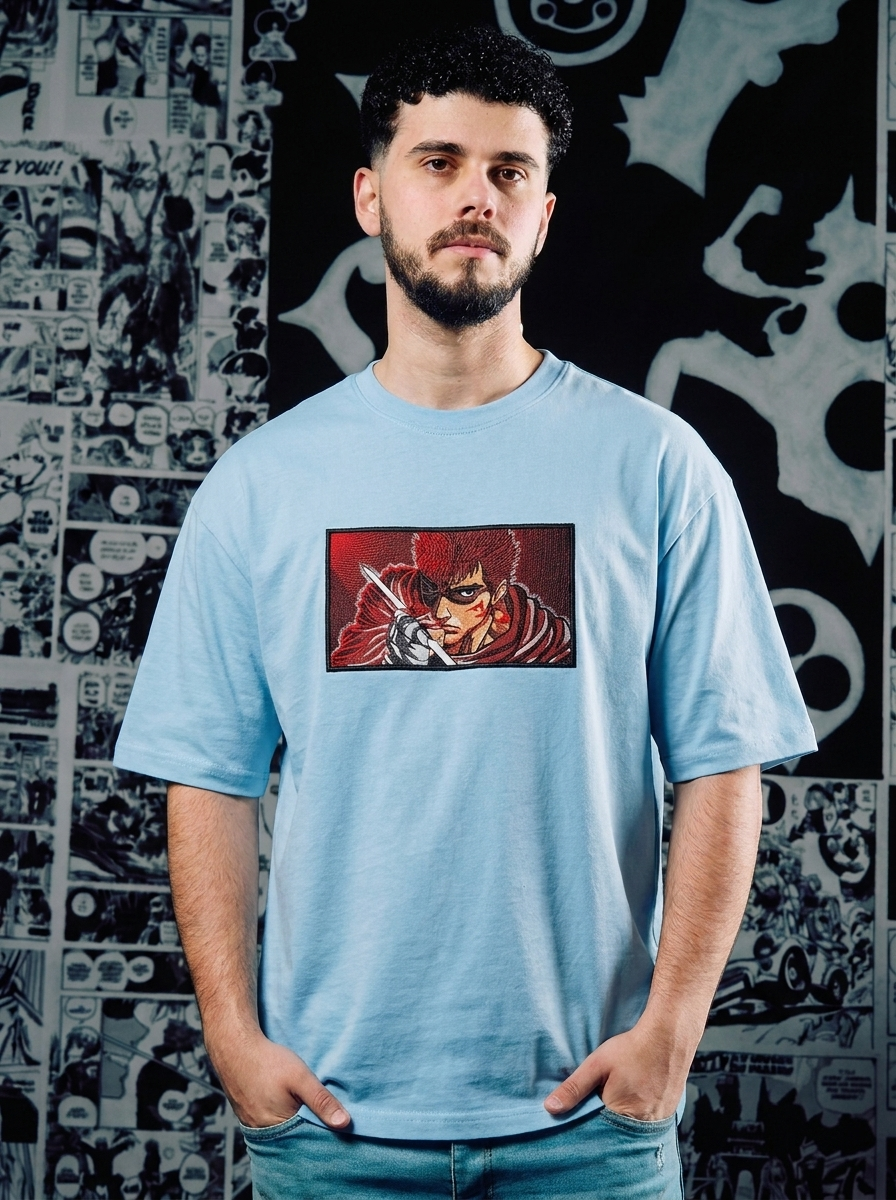 Berserk Embroidered T-Shirt – Eclipse Survivor – Light Blue