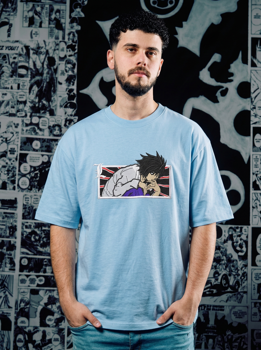 Death Note Embroidered T-Shirt – Just Justice – Light Blue