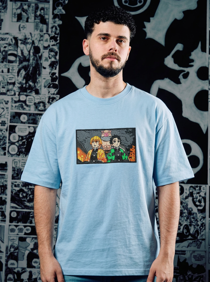 Demon Slayer Embroidered T-Shirt – Flame Hashira – Light Blue