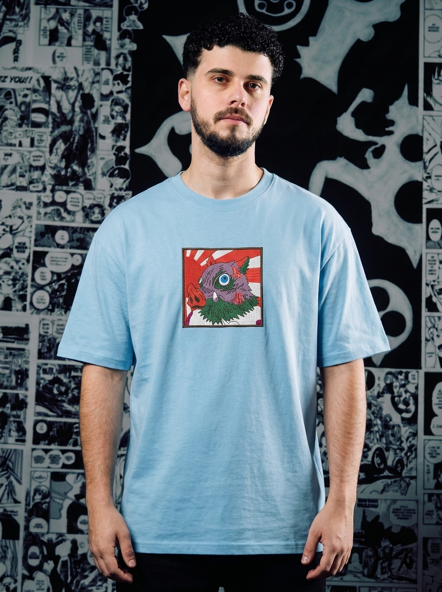 Demon Slayer Embroidered T-Shirt – Upper Moon Six: Gyutaro – Light Blue