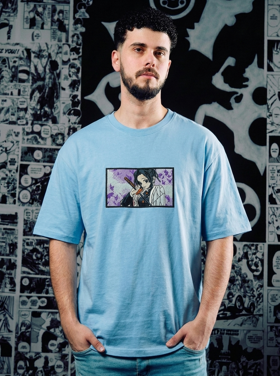 Demon Slayer Embroidered T-Shirt – Muzan's Successor – Light Blue
