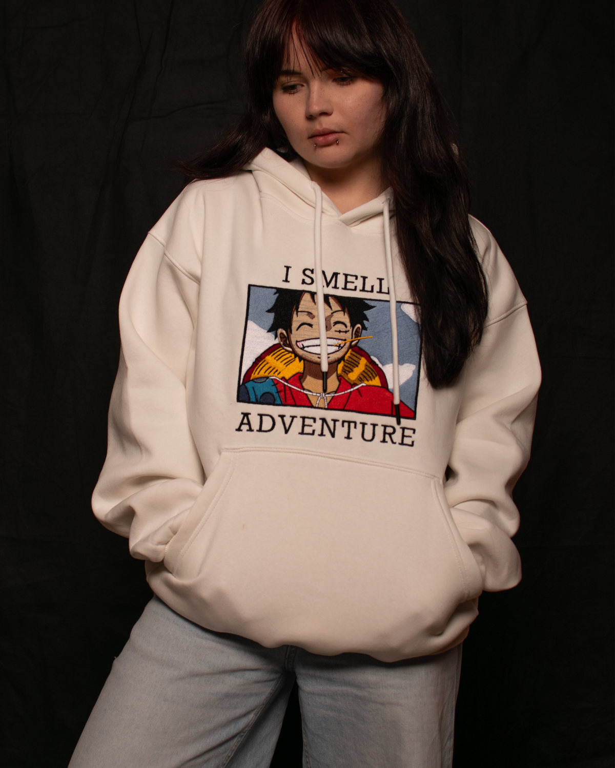 One Piece Embroidered Hoodie – Luffy ’I Smell Adventure’