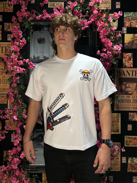 One Piece Embroidered T-Shirt – Straw Hat & Three Swords