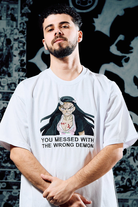 Demon Slayer Embroidered T-Shirt – Nezuko 'Wrong Demon' – White