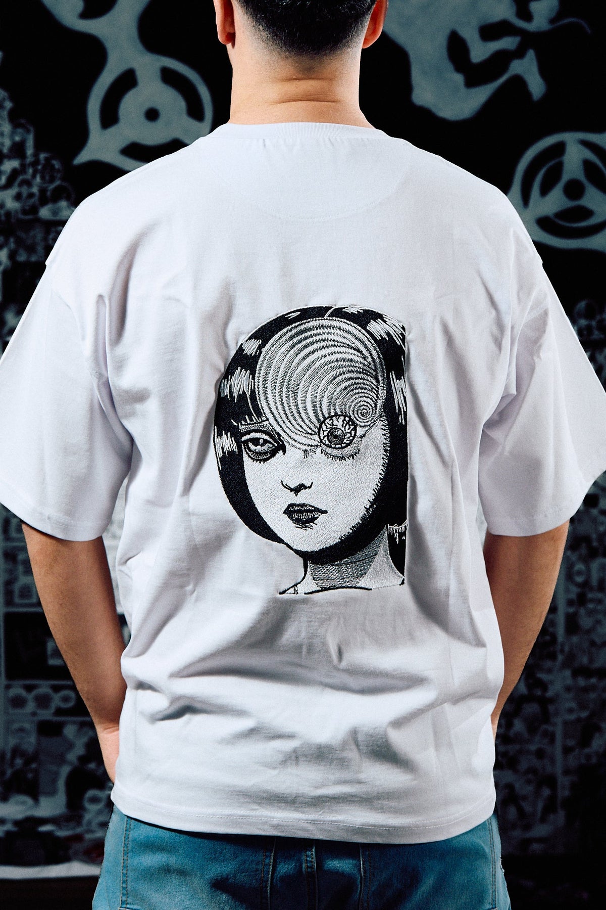 Junji Ito Embroidered T-Shirt – Uzumaki Spiral Horror Back Print – White