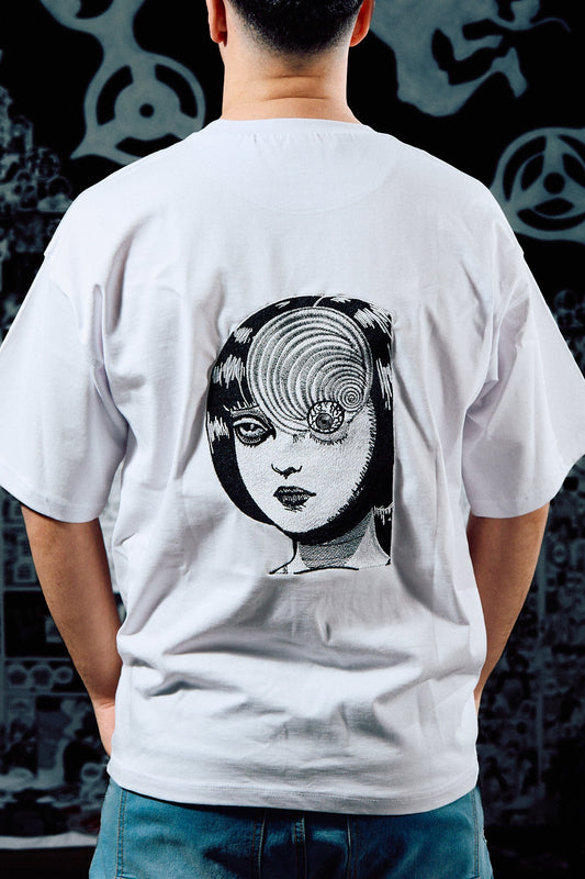 Junji Ito Embroidered T-Shirt – Uzumaki Spiral Horror Back Print – White