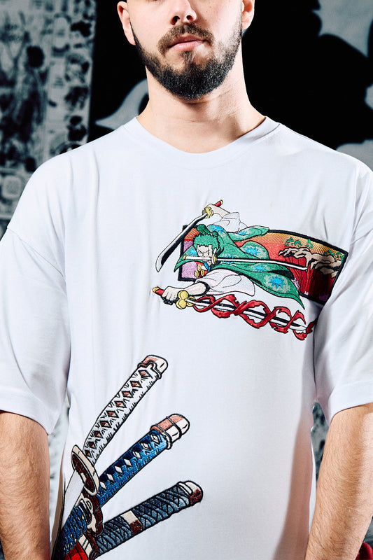 One Piece Embroidered T-Shirt – Zoro Three Swords Wano – White