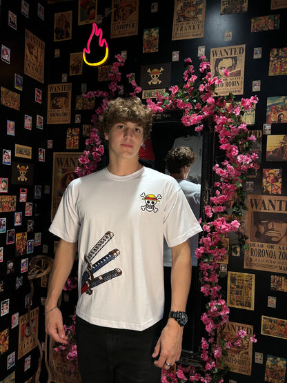 One Piece Embroidered T-Shirt – Straw Hat & Three Swords