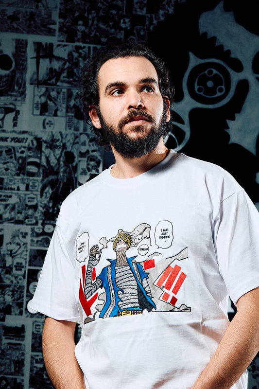 One Piece Embroidered T-Shirt – Sanji 'I Was Just Thinking' Comic Panel – White