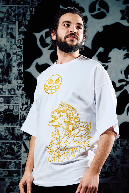 One Piece Embroidered T-Shirt – Trafalgar Law Golden – White