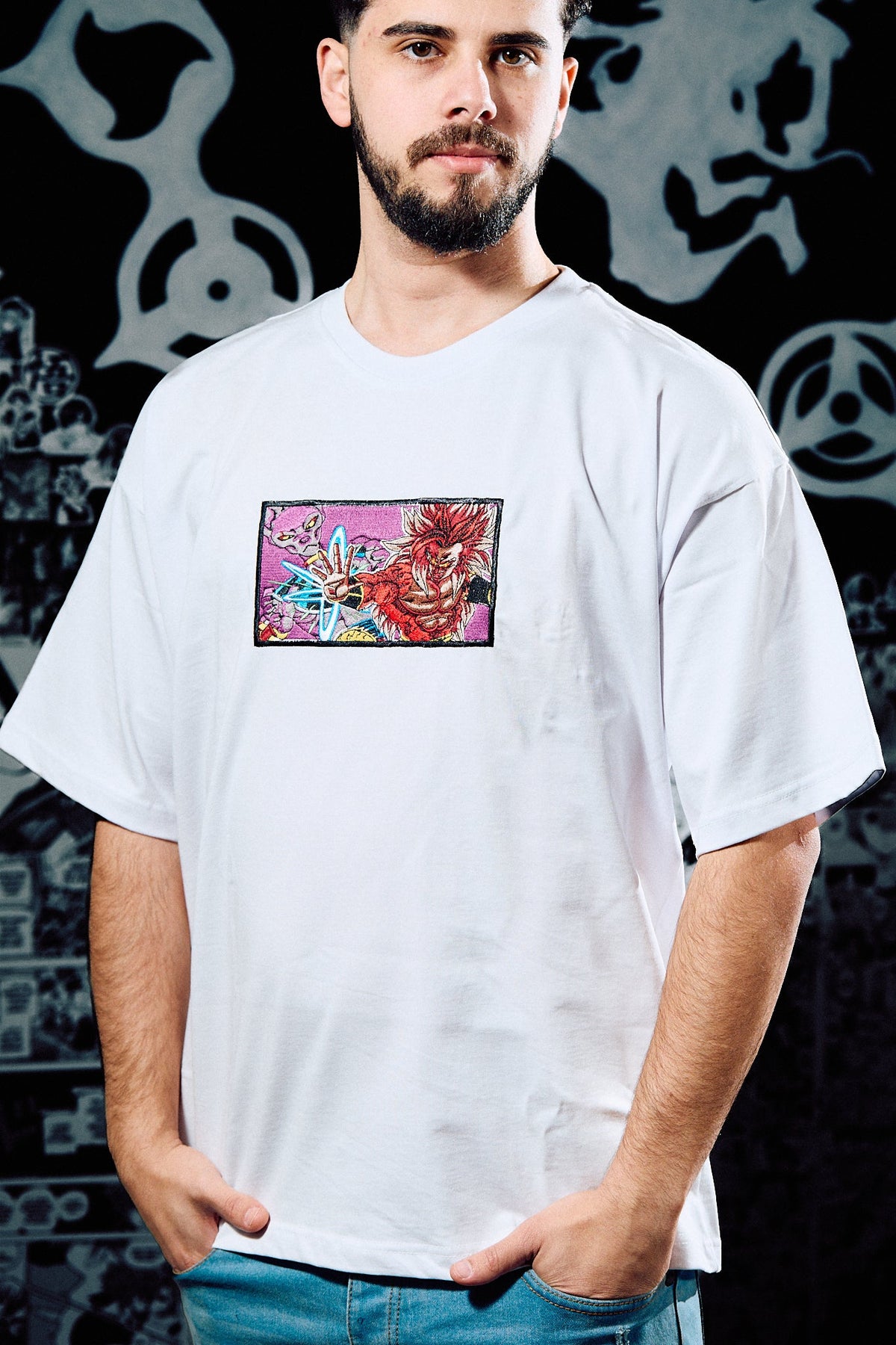 Dragon Ball Embroidered T-Shirt – Broly vs Beerus Comic Panel – White