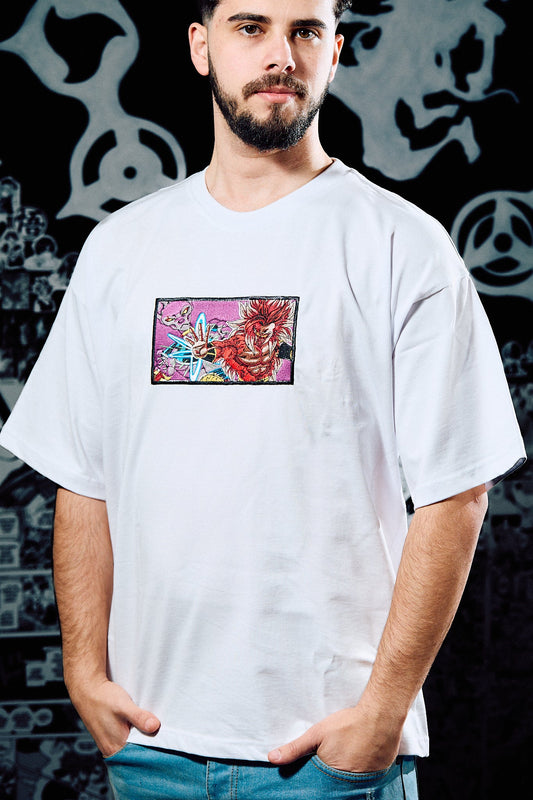 Dragon Ball Embroidered T-Shirt – Broly vs Beerus Comic Panel – White