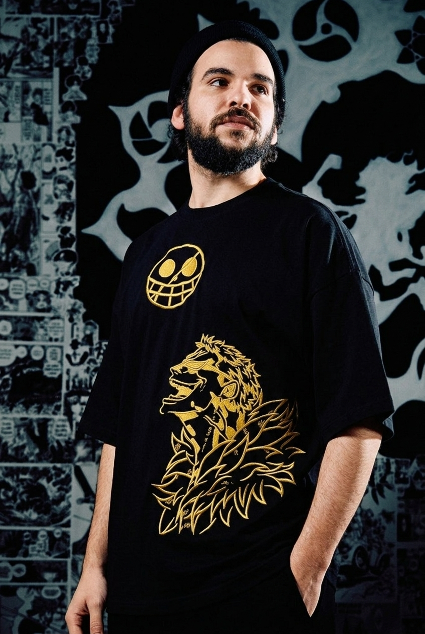 One Piece Embroidered T-Shirt – Trafalgar Law Golden – Black