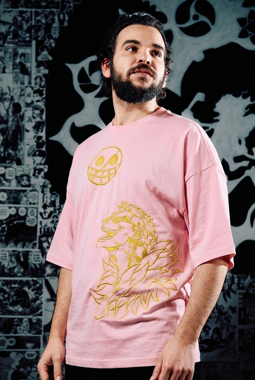 One Piece Embroidered T-Shirt – Trafalgar Law Golden – Light Pink