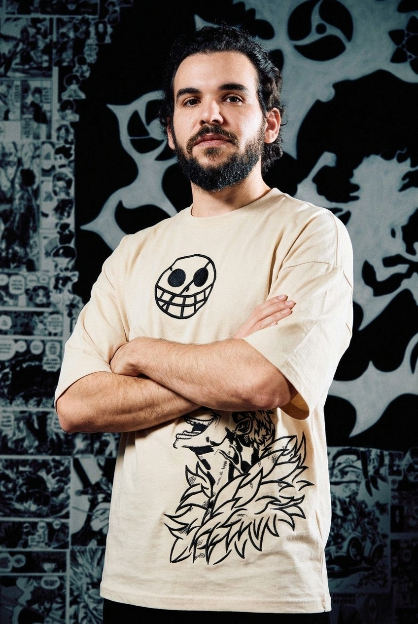 One Piece Embroidered T-Shirt – Trafalgar Law Golden – Beige