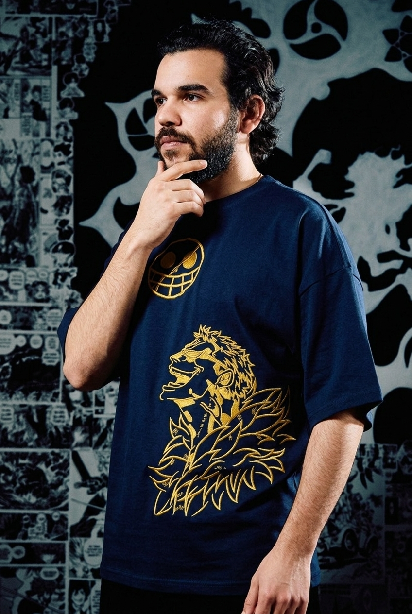 One Piece Embroidered T-Shirt – Trafalgar Law Golden – Navy