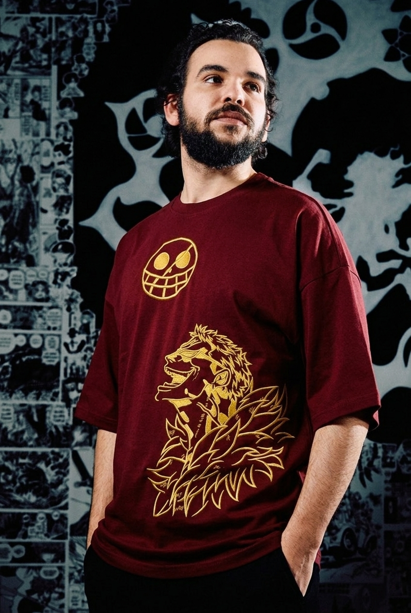 One Piece Embroidered T-Shirt – Trafalgar Law Golden – Dark Red