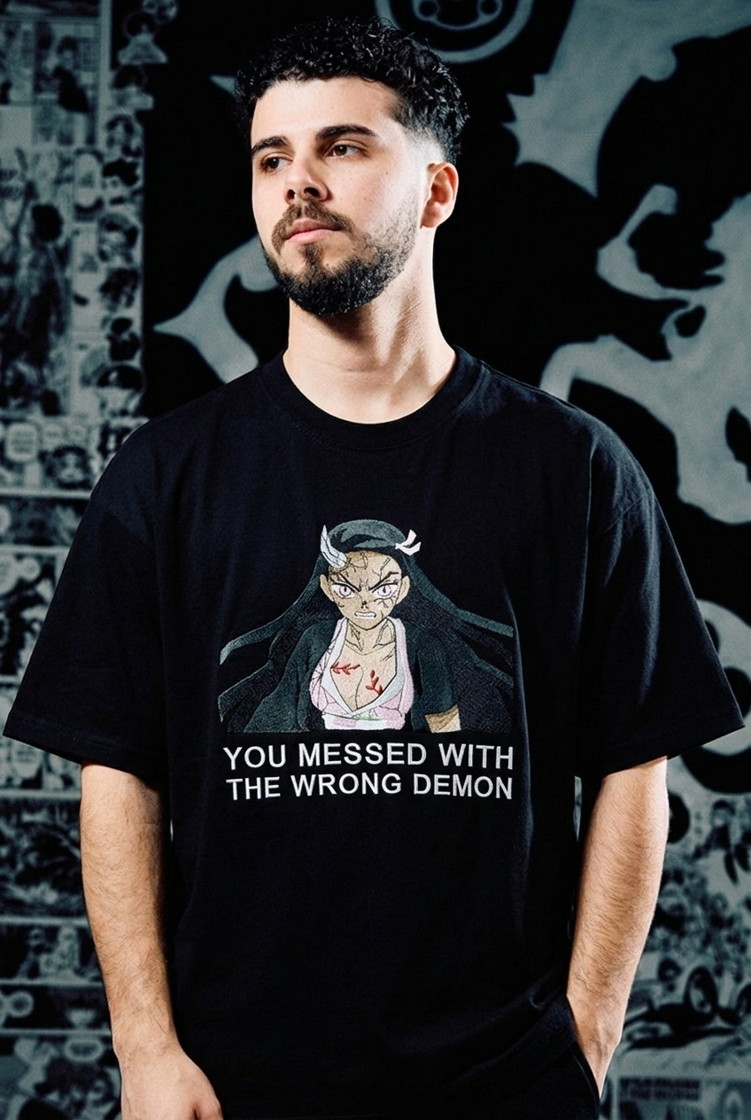 Demon Slayer Embroidered T-Shirt – Nezuko 'Wrong Demon' – Black