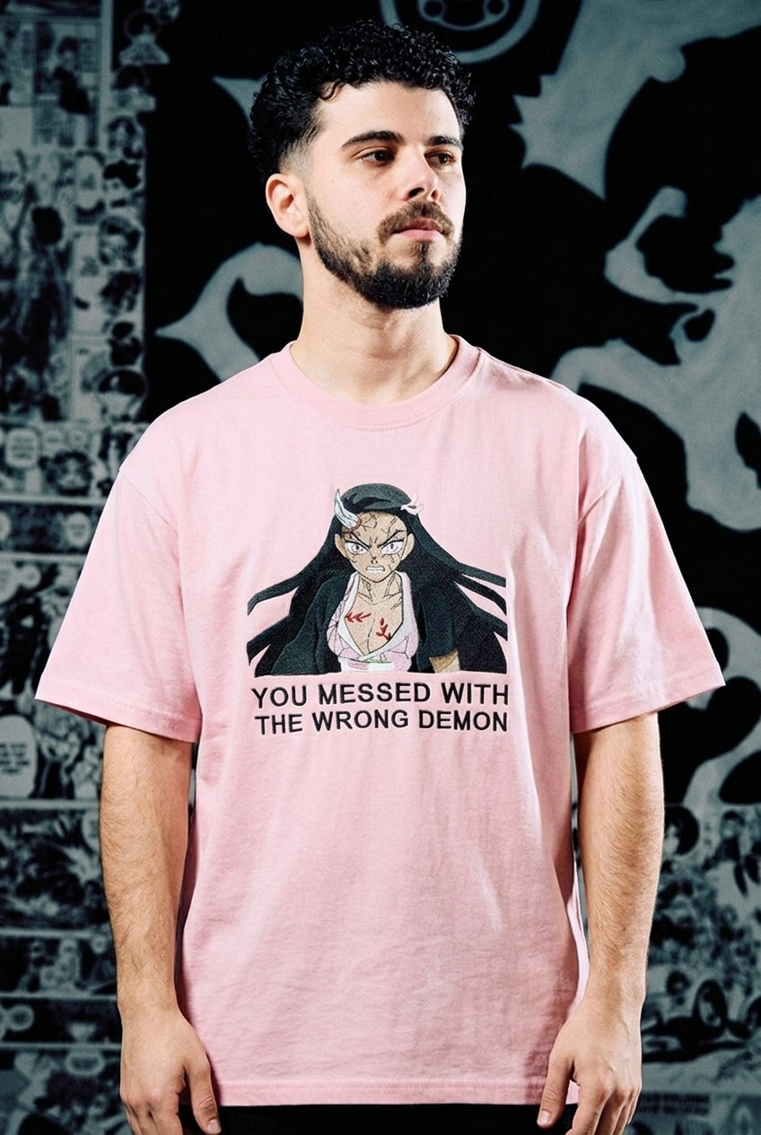 Demon Slayer Embroidered T-Shirt – Nezuko 'Wrong Demon' – Light Pink
