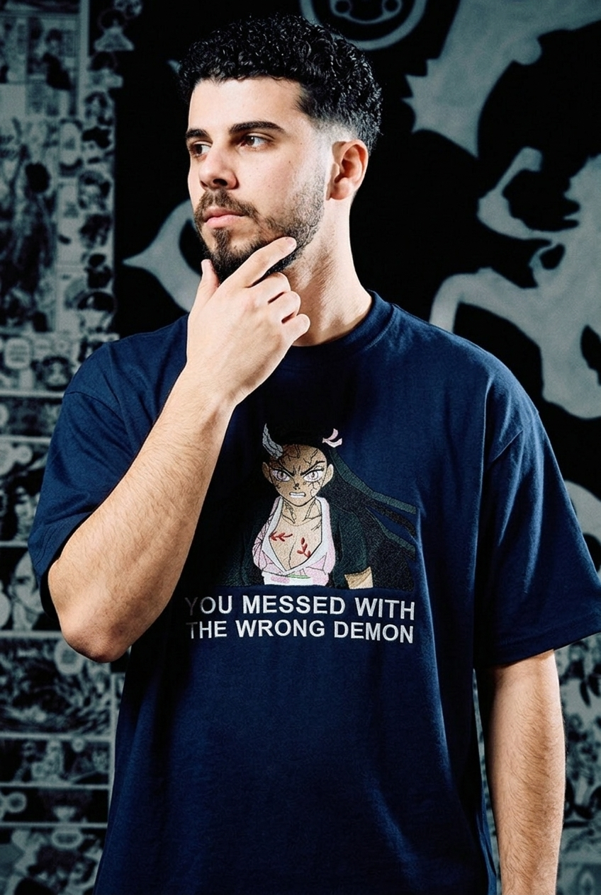Demon Slayer Embroidered T-Shirt – Nezuko 'Wrong Demon' – Navy