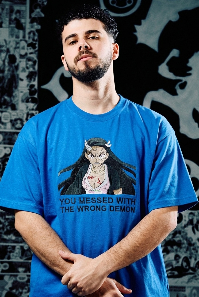 Demon Slayer Embroidered T-Shirt – Nezuko 'Wrong Demon' – Light Blue