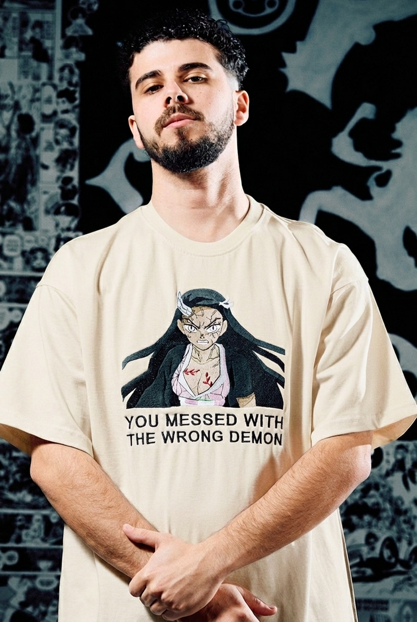 Demon Slayer Embroidered T-Shirt – Nezuko 'Wrong Demon' – Beige