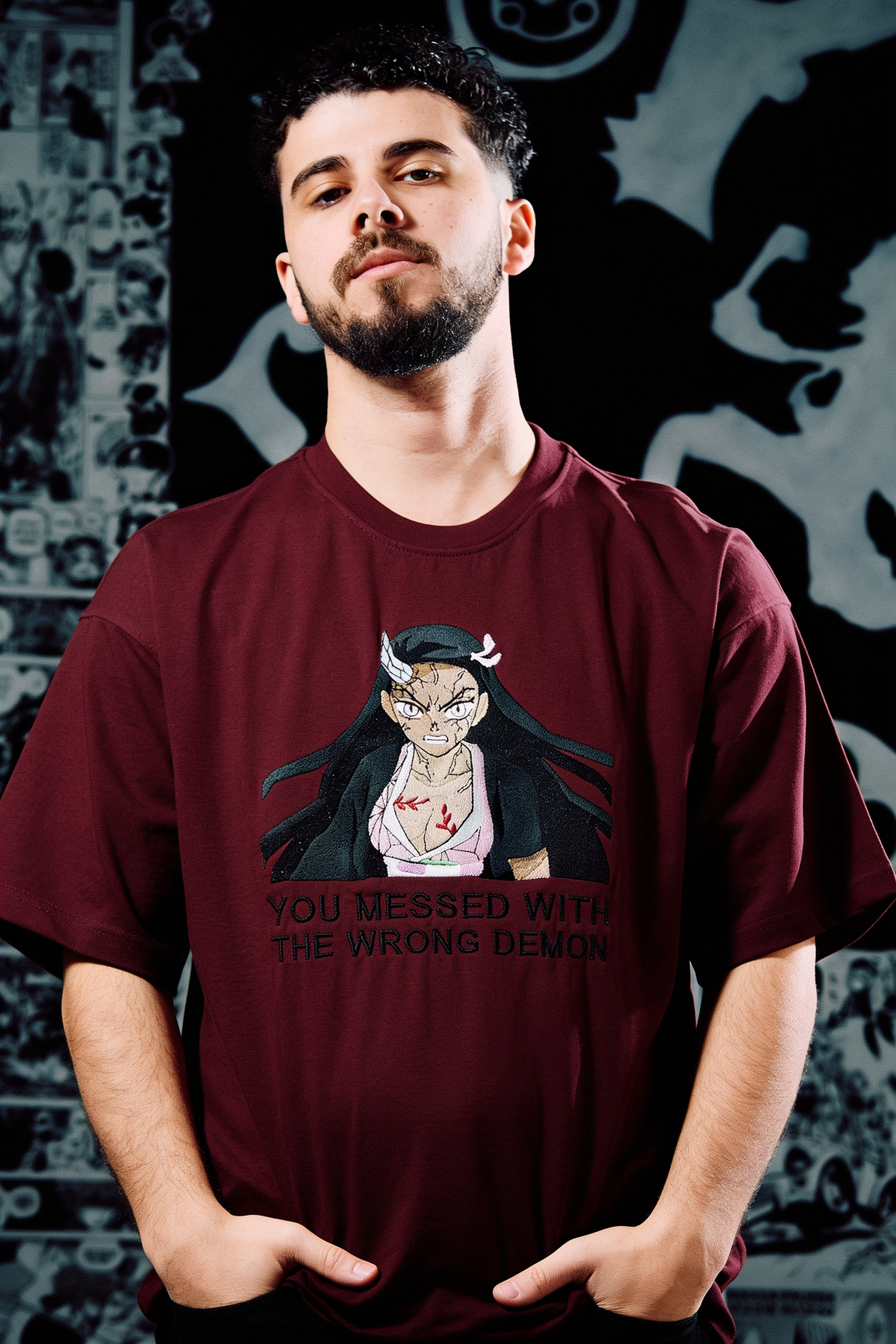 Demon Slayer Embroidered T-Shirt – Nezuko 'Wrong Demon' – Dark Red