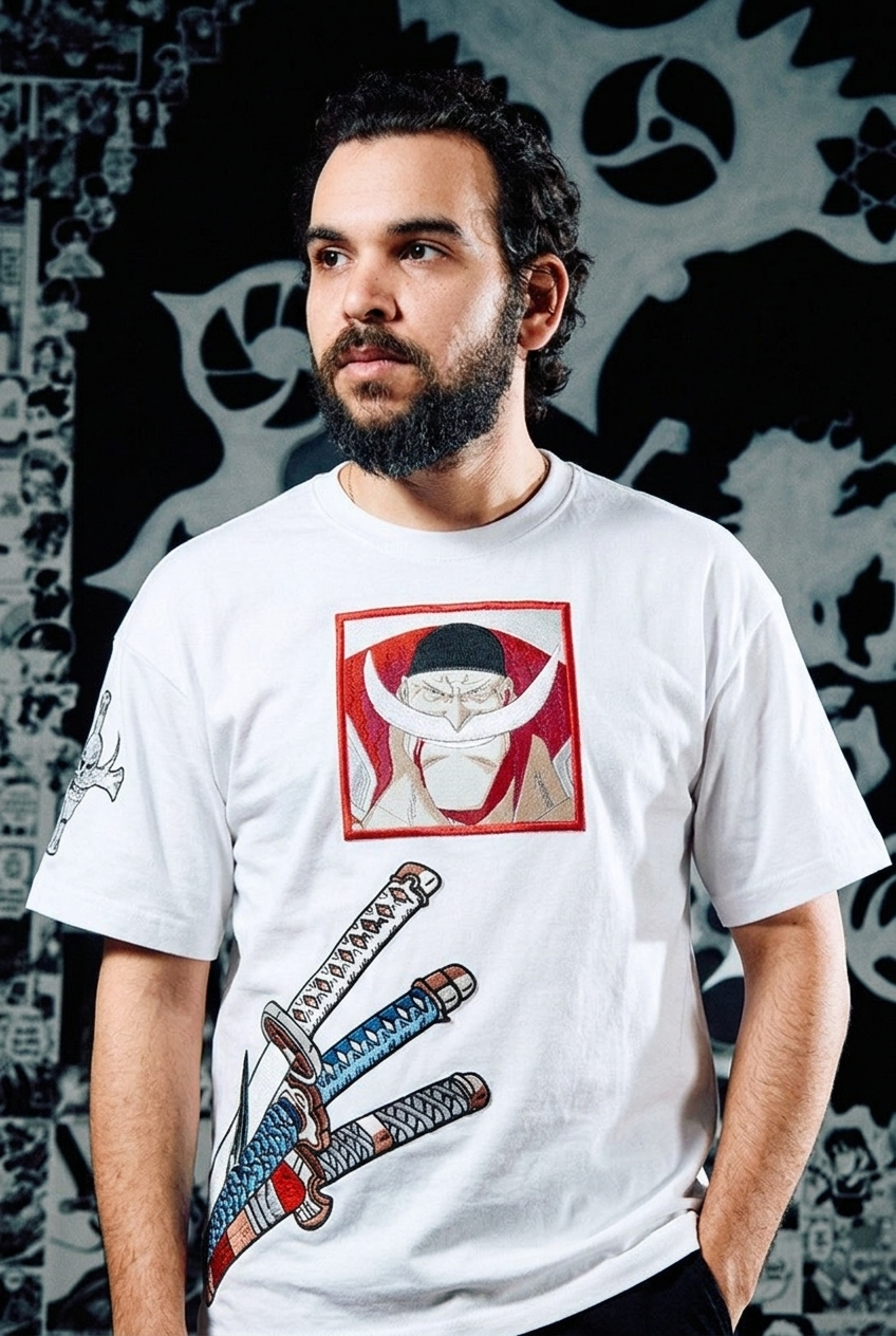 One Piece Embroidered T-Shirt – Whitebeard & Zoro's Three Swords – White