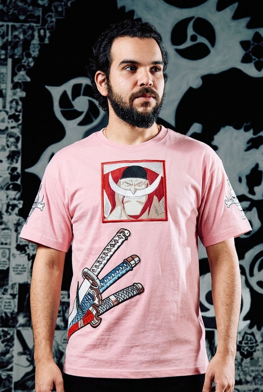 One Piece Embroidered T-Shirt – Whitebeard & Zoro's Three Swords – Light Pink