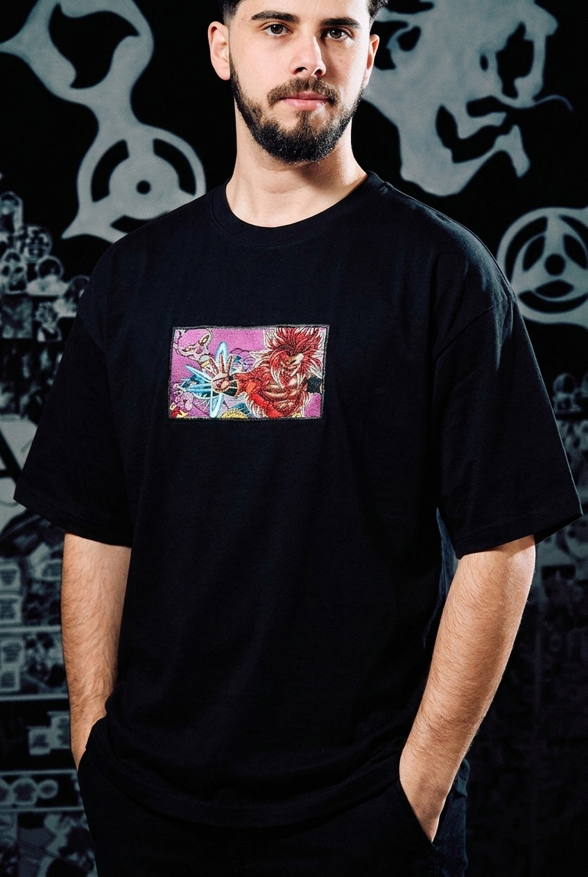 Dragon Ball Embroidered T-Shirt – Broly vs Beerus Comic Panel – Black