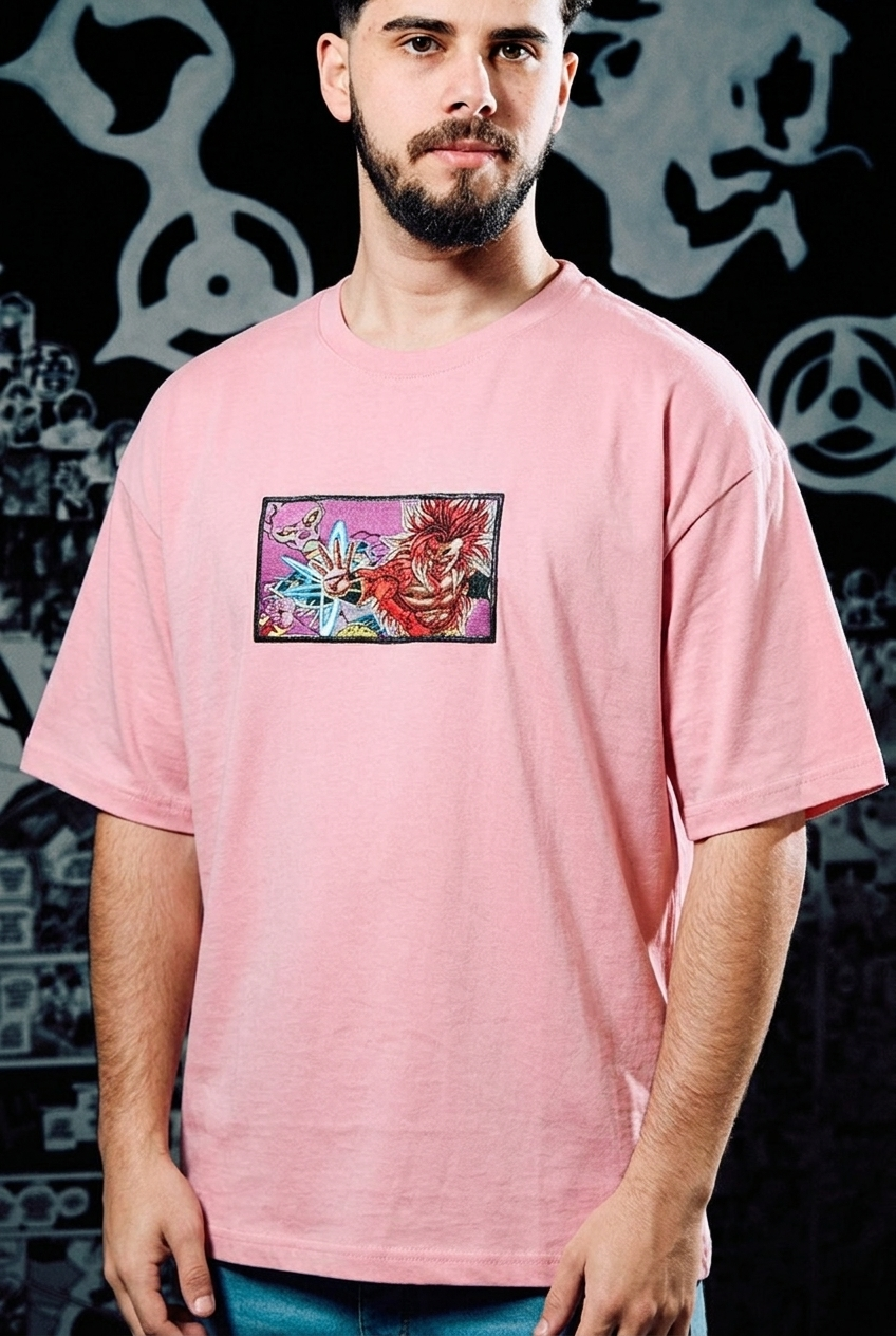 Dragon Ball Embroidered T-Shirt – Broly vs Beerus Comic Panel – Light Pink
