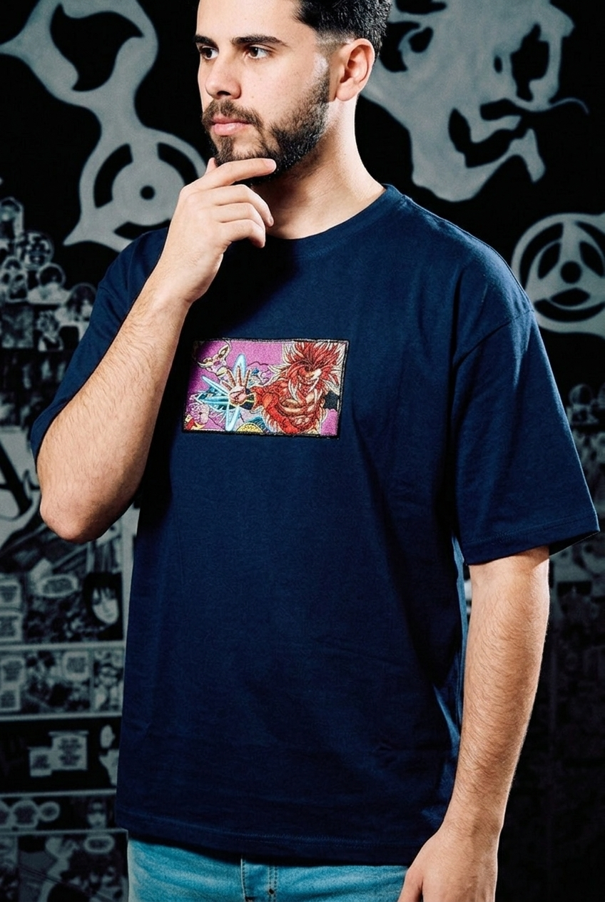 Dragon Ball Embroidered T-Shirt – Broly vs Beerus Comic Panel – Navy