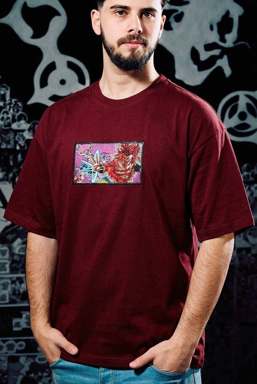 Dragon Ball Embroidered T-Shirt – Broly vs Beerus Comic Panel – Dark Red