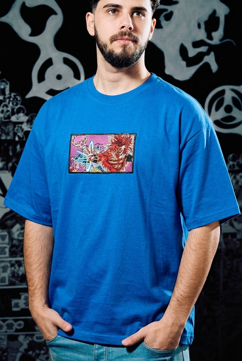 Dragon Ball Embroidered T-Shirt – Broly vs Beerus Comic Panel – Light Blue