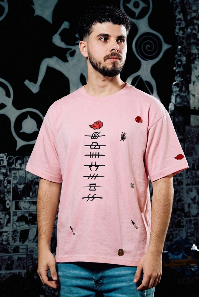 Naruto Embroidered T-Shirt – Akatsuki Edition – Light Pink