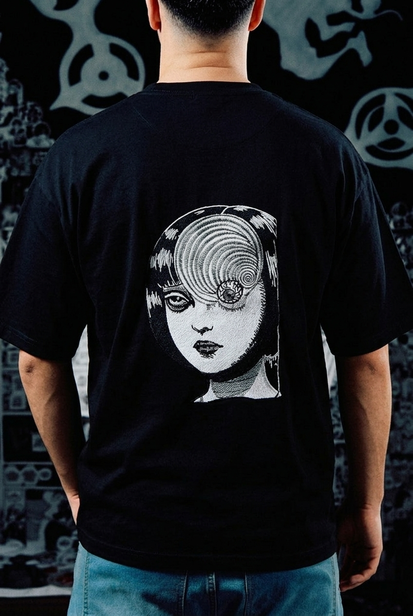Junji Ito Embroidered T-Shirt – Uzumaki Spiral Horror Back Print – Black