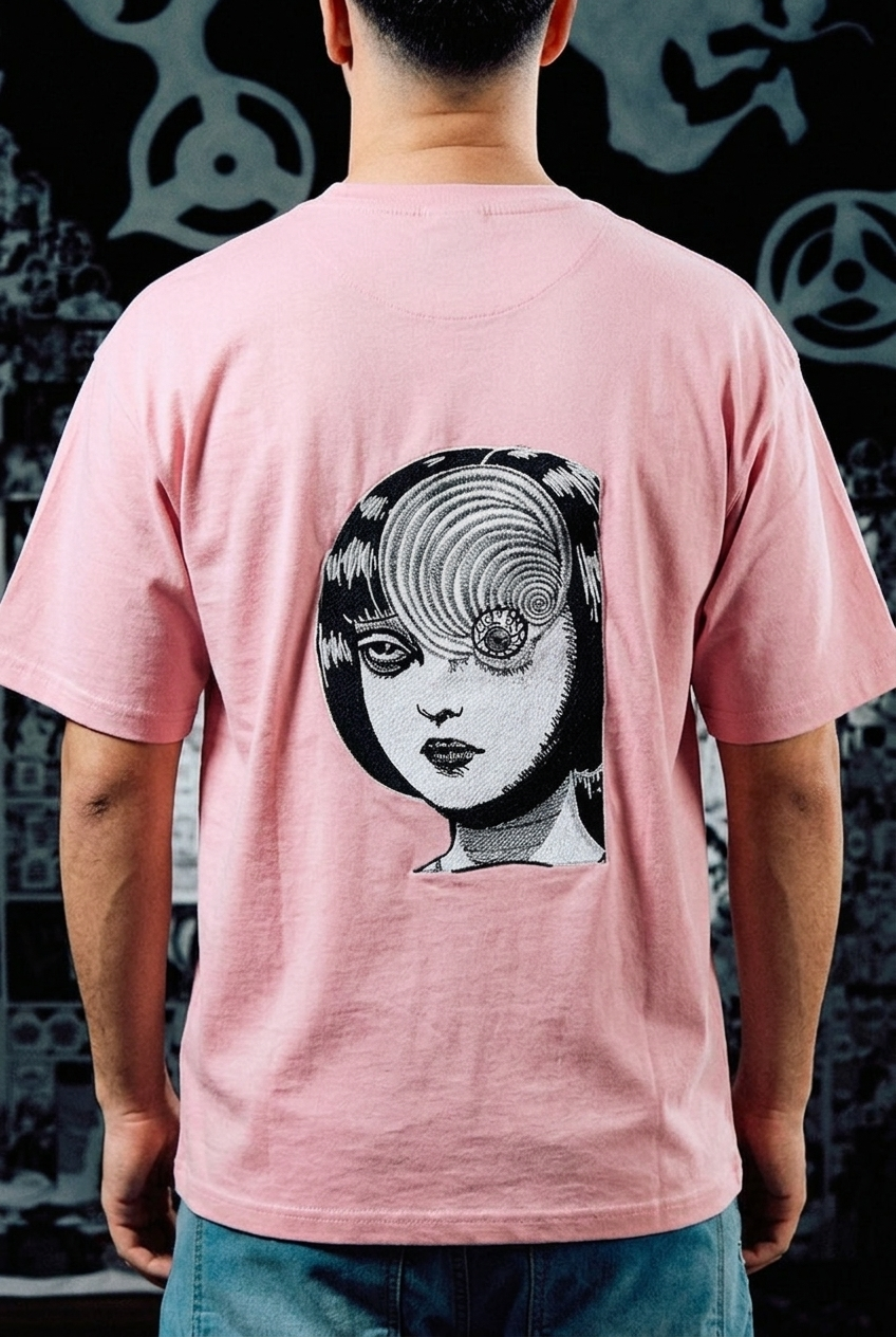 Junji Ito Embroidered T-Shirt – Uzumaki Spiral Horror Back Print – Light Pink