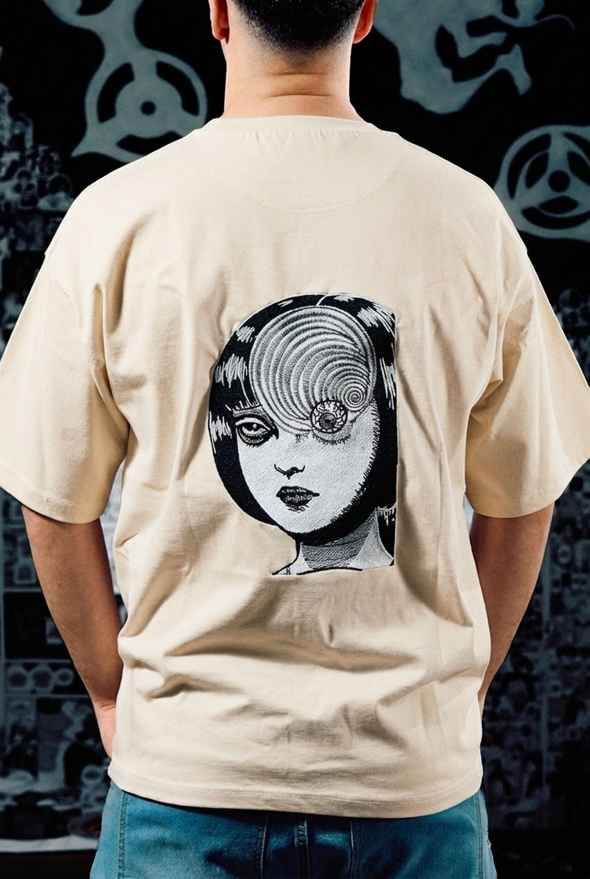 Junji Ito Embroidered T-Shirt – Uzumaki Spiral Horror Back Print – Beige