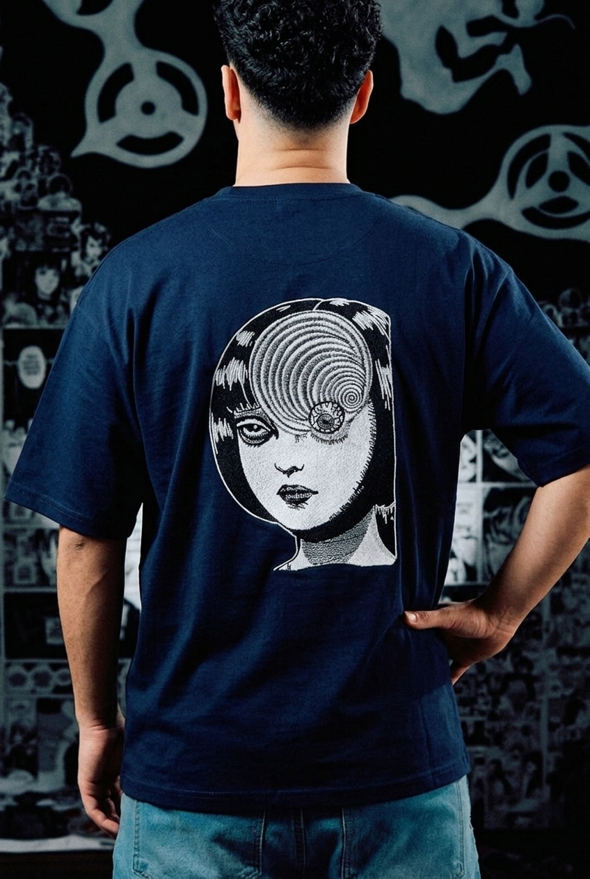 Junji Ito Embroidered T-Shirt – Uzumaki Spiral Horror Back Print – Navy