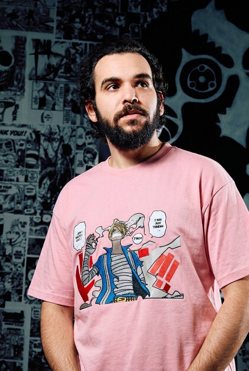 One Piece Embroidered T-Shirt – Sanji 'I Was Just Thinking' Comic Panel – Light Pink