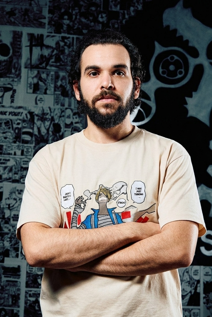 One Piece Embroidered T-Shirt – Sanji 'I Was Just Thinking' Comic Panel – Beige