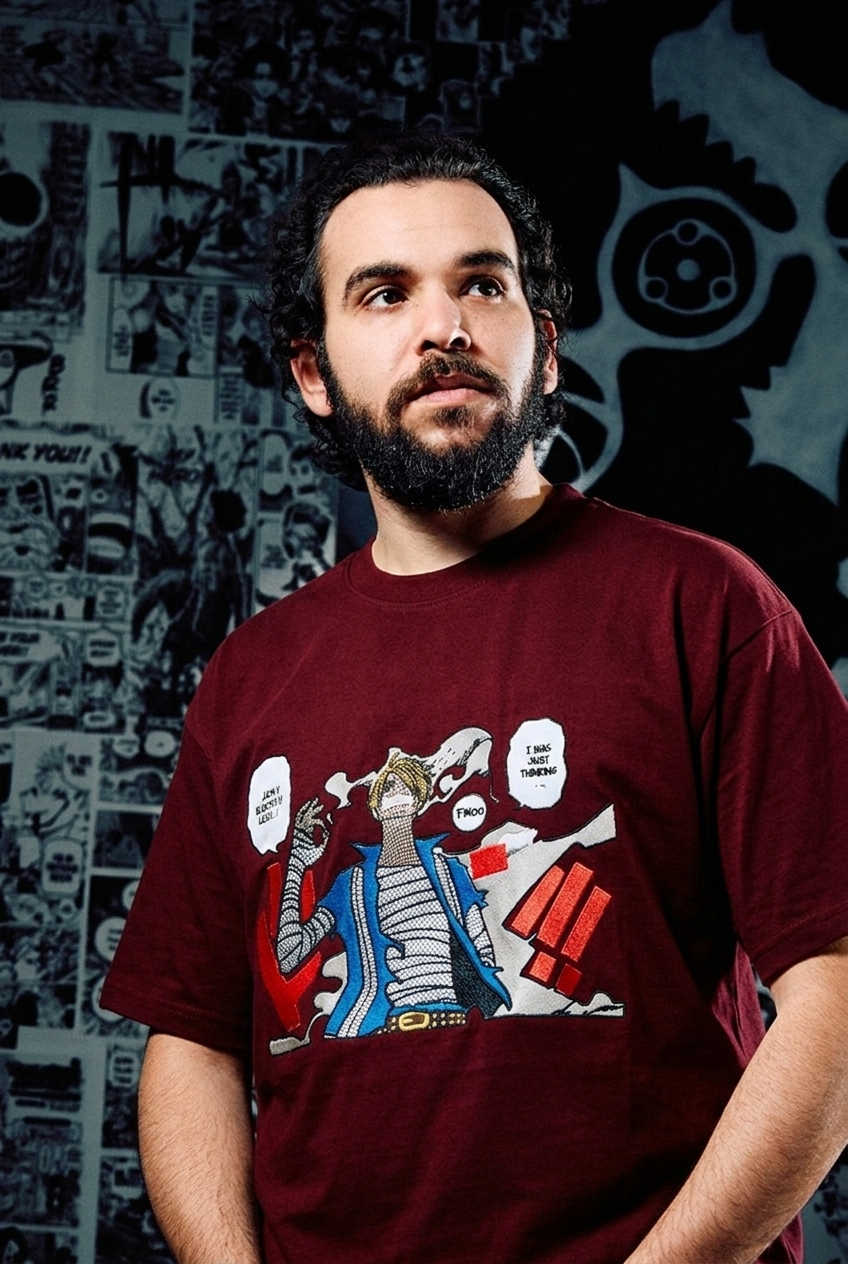 One Piece Embroidered T-Shirt – Sanji 'I Was Just Thinking' Comic Panel – Dark Red