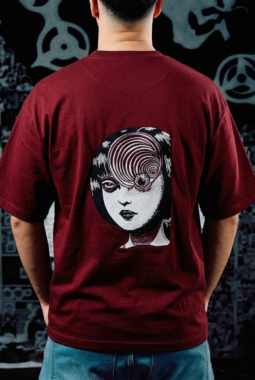 Junji Ito Embroidered T-Shirt – Uzumaki Spiral Horror Back Print – Dark Red