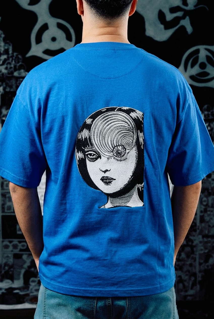 Junji Ito Embroidered T-Shirt – Uzumaki Spiral Horror Back Print – Light Blue