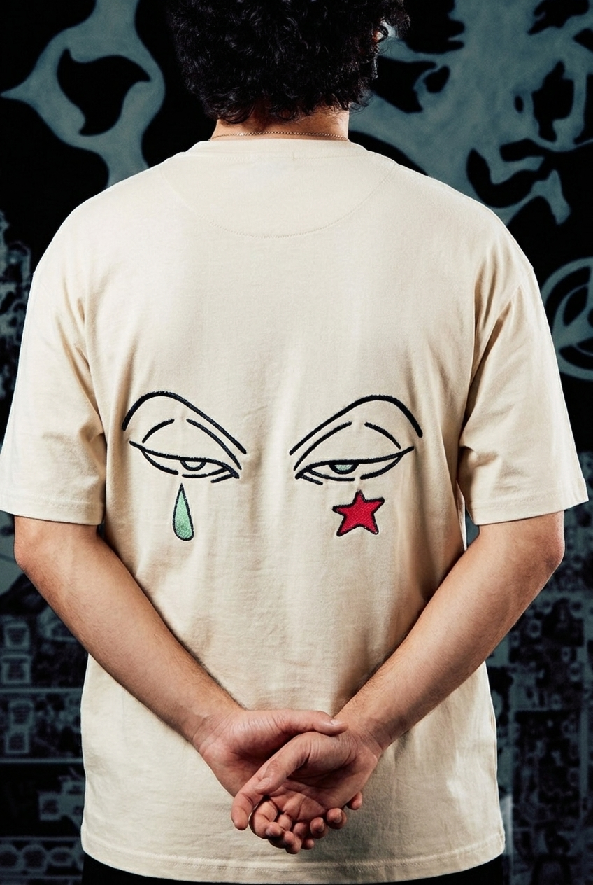 Anime Originals Embroidered T-Shirt – Tear & Star Back Print – Beige