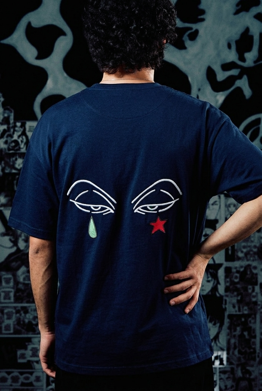 Anime Originals Embroidered T-Shirt – Tear & Star Back Print – Navy