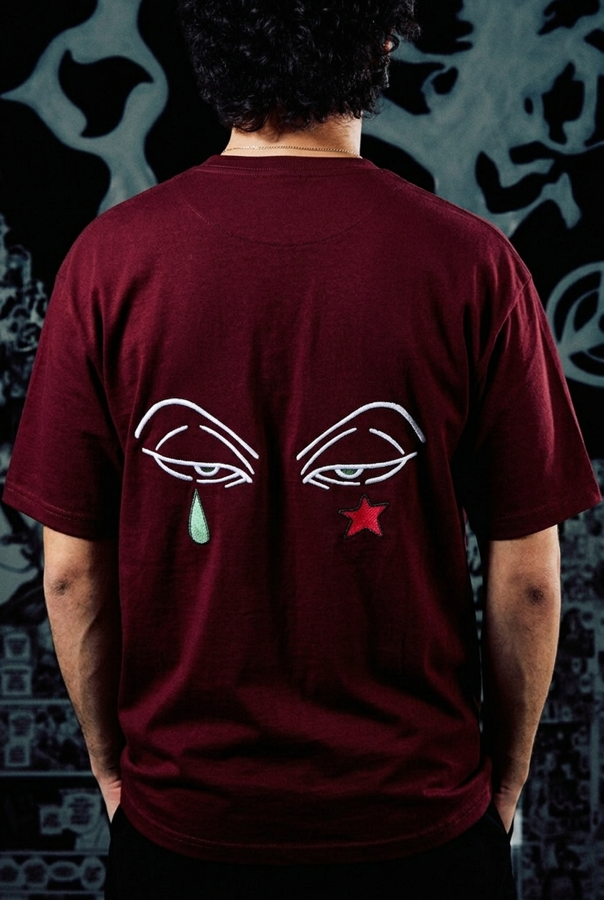 Anime Originals Embroidered T-Shirt – Tear & Star Back Print – Dark Red